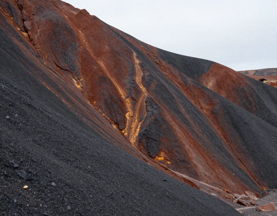 Estratos de roca sedimentaria con bandas minerales y vetas ámbar