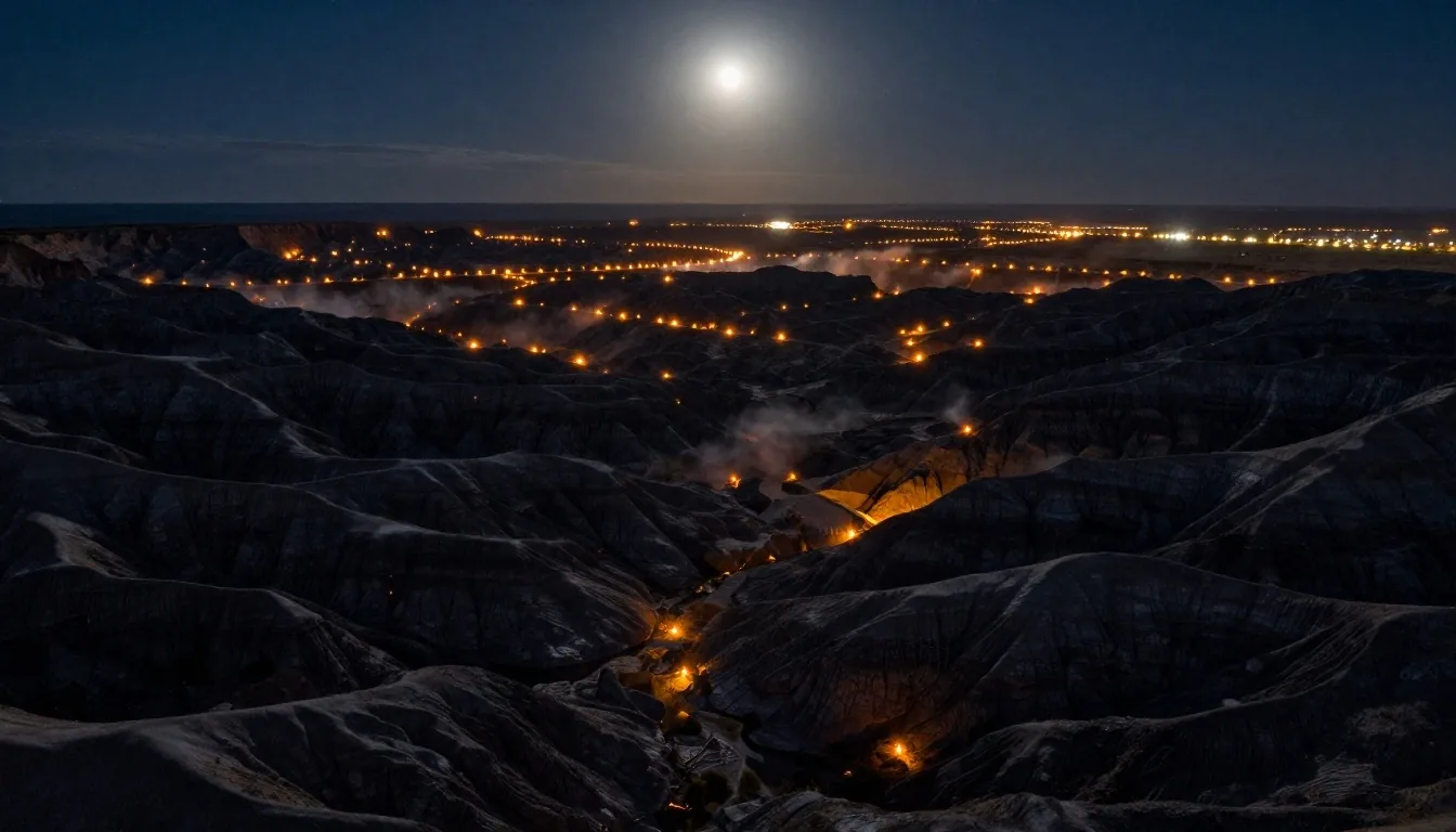 Vista aérea nocturna de la cuenca de Neuquén con antorchas de gas