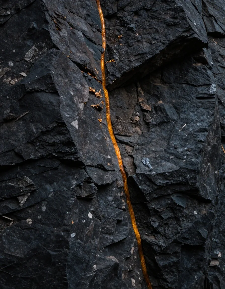 Sección de estratos de roca con una veta ámbar vertical