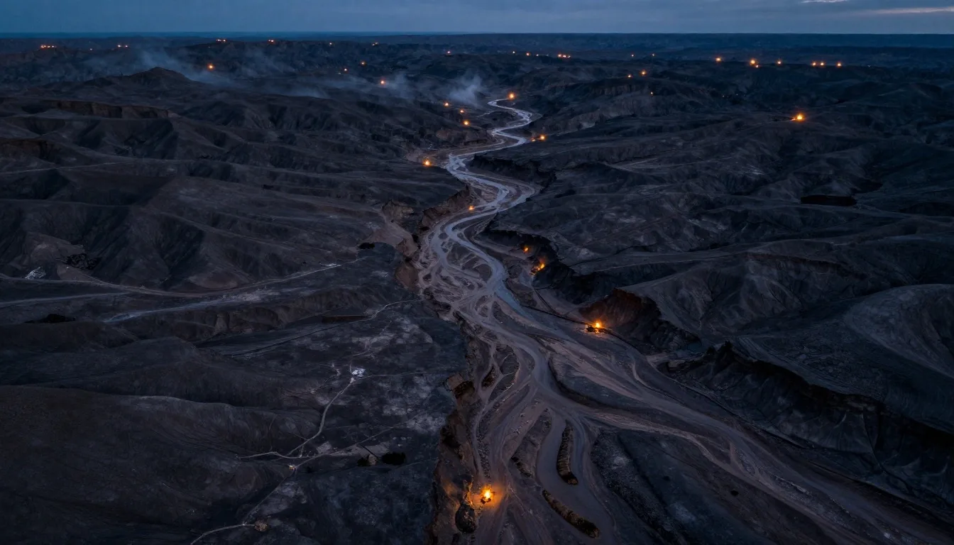 Vista aérea nocturna de la cuenca del Neuquén con puntos de gas amarillo cálido