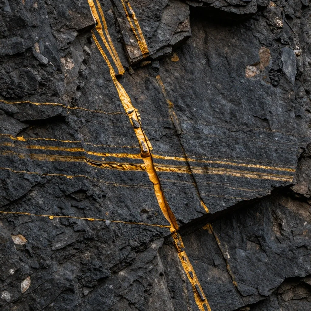 Sección transversal de roca de lutita con vetas de color ámbar